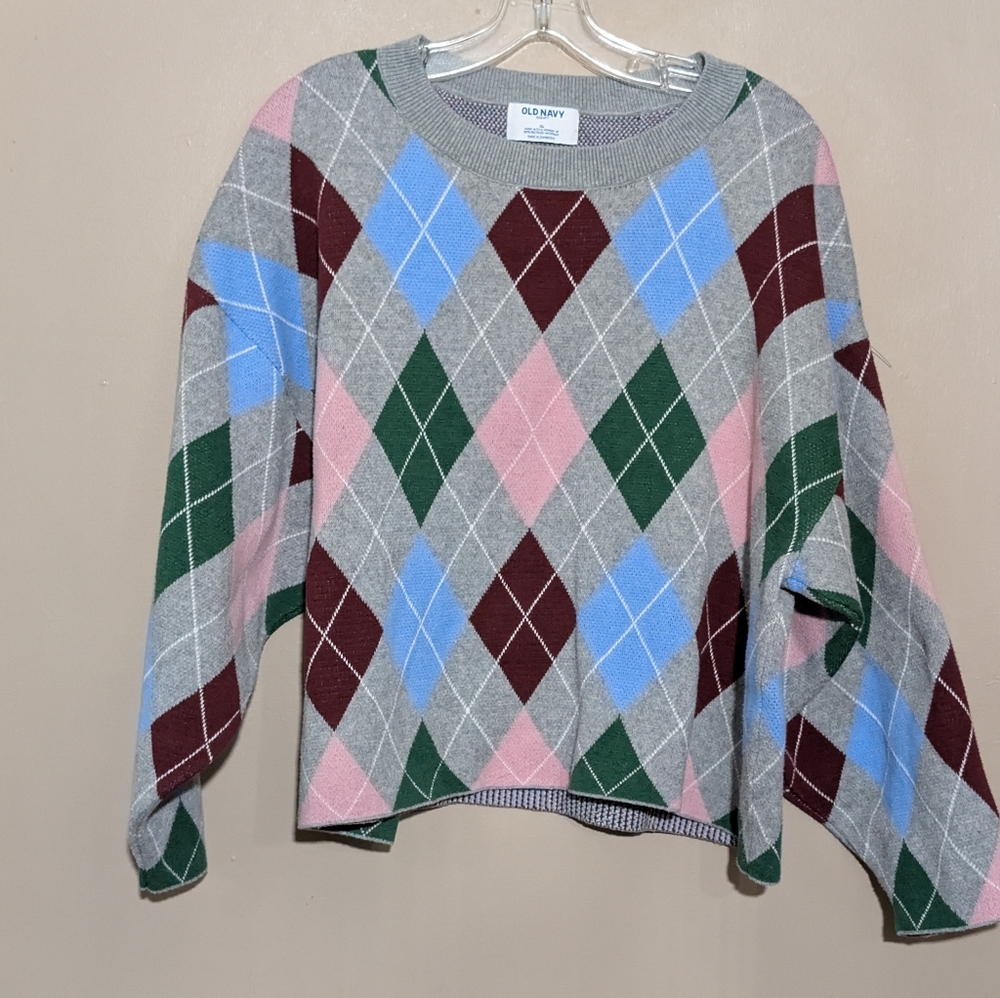 Old Navy Plus Size So Soft Gray Knit Argyle Printed Cropped Sweater Size XL